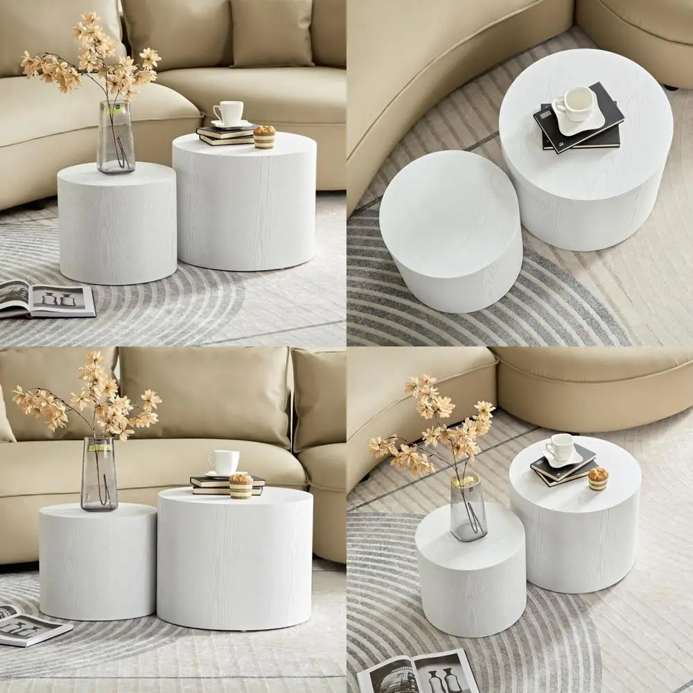 Juego de mesa de centro anidada blanca moderna, 18.9 mesas auxiliares redondas negras para espacios pequeños, muebles decorativos