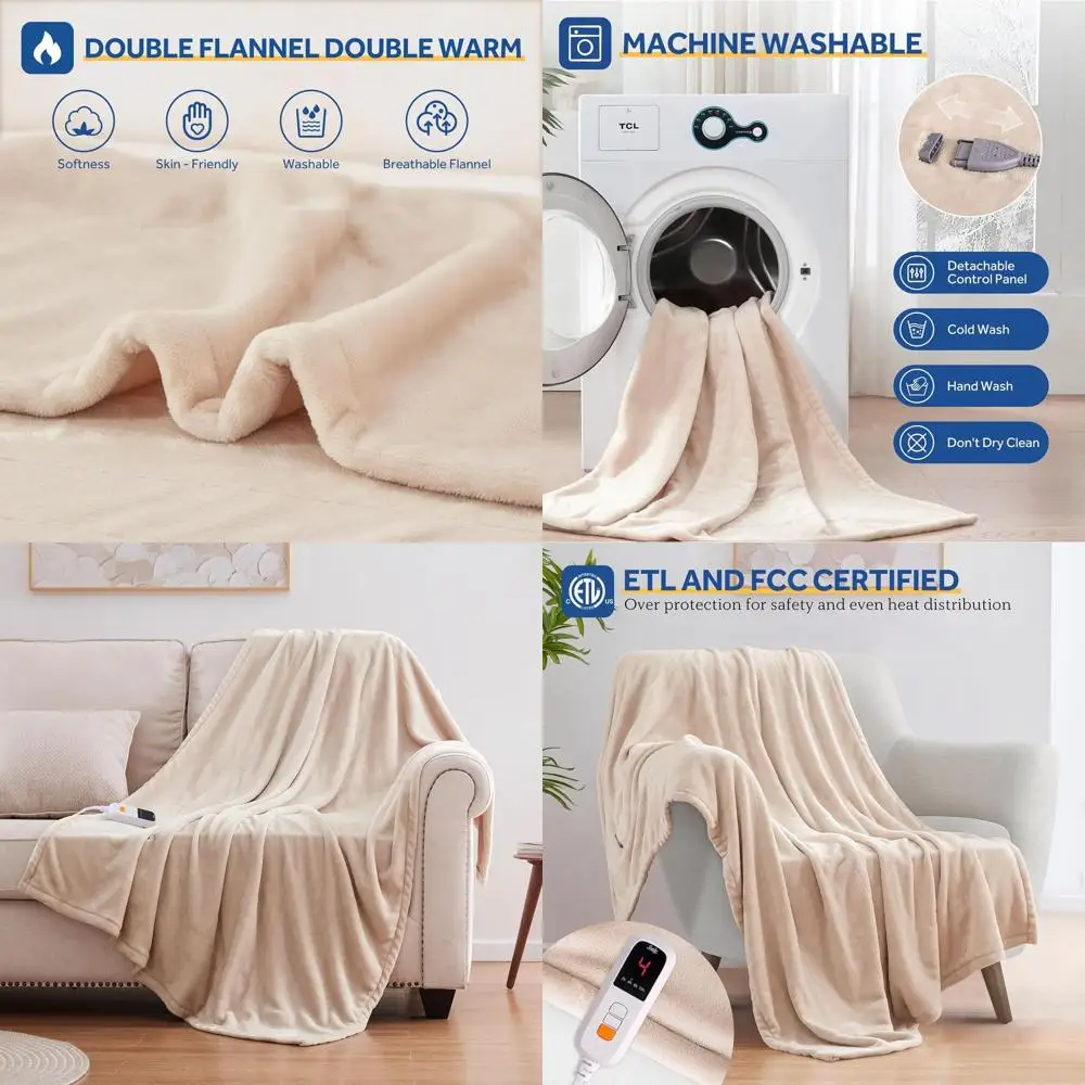 

50x60 Soft Flannel Electric Throw Blanket, 6 Heat Settings, 2-10H Auto-Off, Washable, Beige