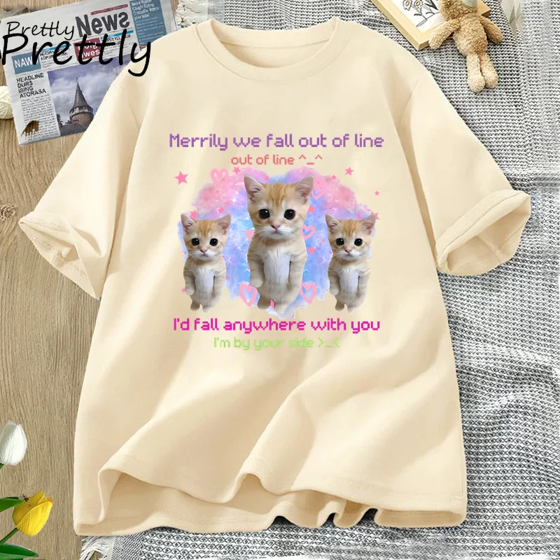 

Merrily We Fall Out of Line Cat T Shirt Funny Cute Cat Graphic T-shirt Funny Cotton Short Sleeve Womans Clothing Kitty Tee