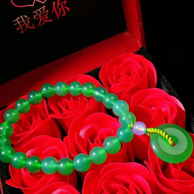 High Ice Emperor Green Chalcedony Safety Bracelet, Green Agate Women's Creative Single Ring Bracelet Jewelry