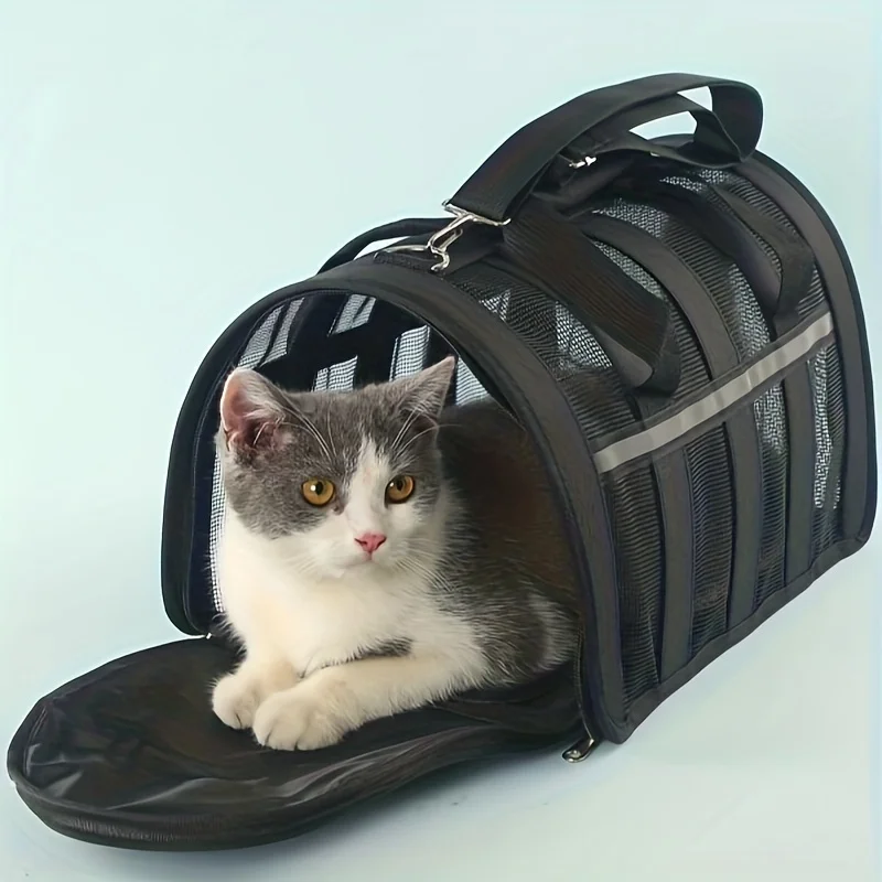 Portable Pet Travel Carrier Bag, Folding Fabric Pet Carrier, Pet Cage With Locking Safety Zippers, Airline Approved