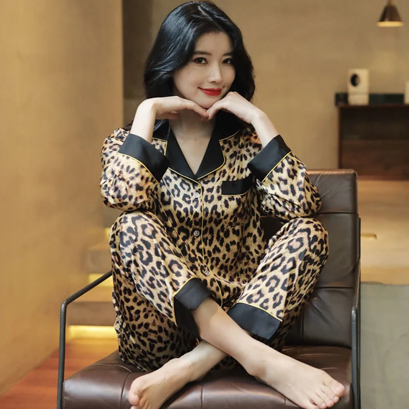 Women\'s Pajamas Sets Spring Autumn 2 Piece Leopard Print Pyjama Faux Silk Satin Sleepwear Long Sleeve Pijama Mujer Pjs Homewear