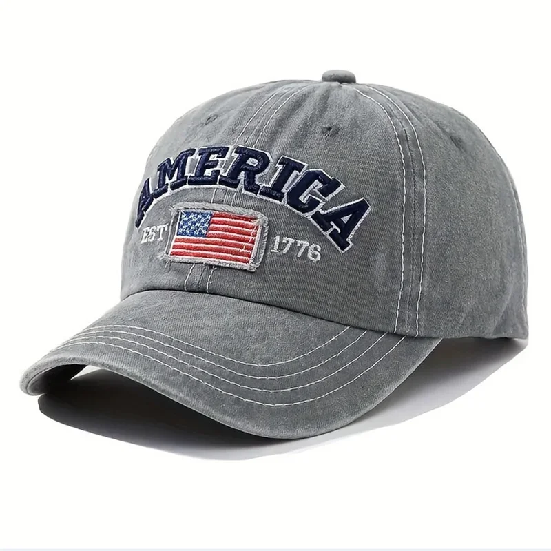 Vintage-Baseballkappe mit USA-Flagge, bestickt – auffälliger Schriftzug, Distressed Wash, Sonnenschutz – trendige Papa-Mütze für den Außenbereich – Detail 8