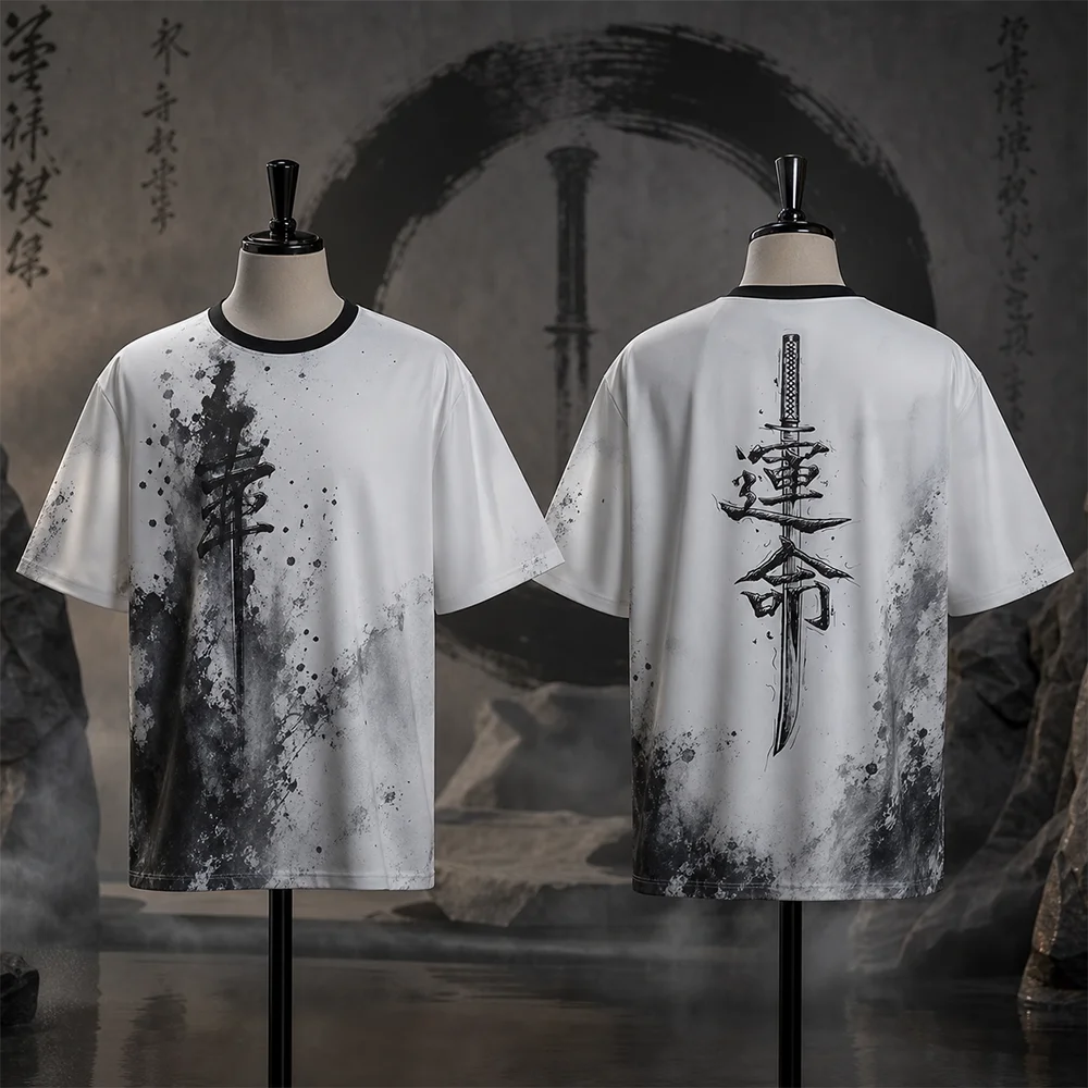 Unisex Japanese Samurai Sword Pattern Short Sleeve Breathable Quick-Drying T-Shirt Regular Fit Fashionable Parent-Child Clothing