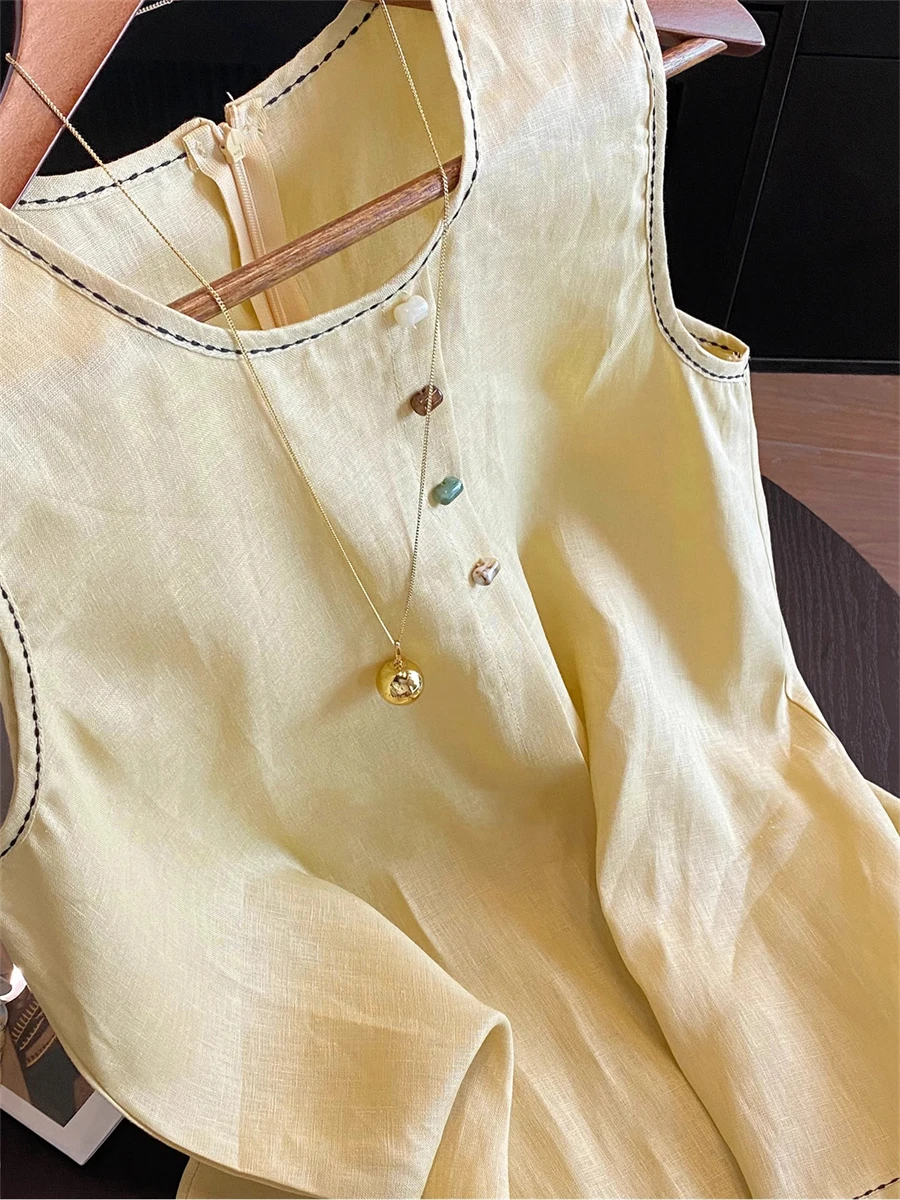 Ceco Amarillo Dopna sin Mangas con Cuello Redondo, Ajuste Hoado, Veraniego, Moderno y Versátil, Ropa de Mujer, Estilo...