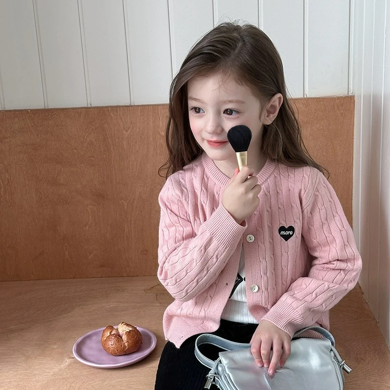 Autumn WInter Children's Clothing for Girls Twisted Flower Sweater Heart-shaped Knitted Cardigan Jacket Single Breasted Button