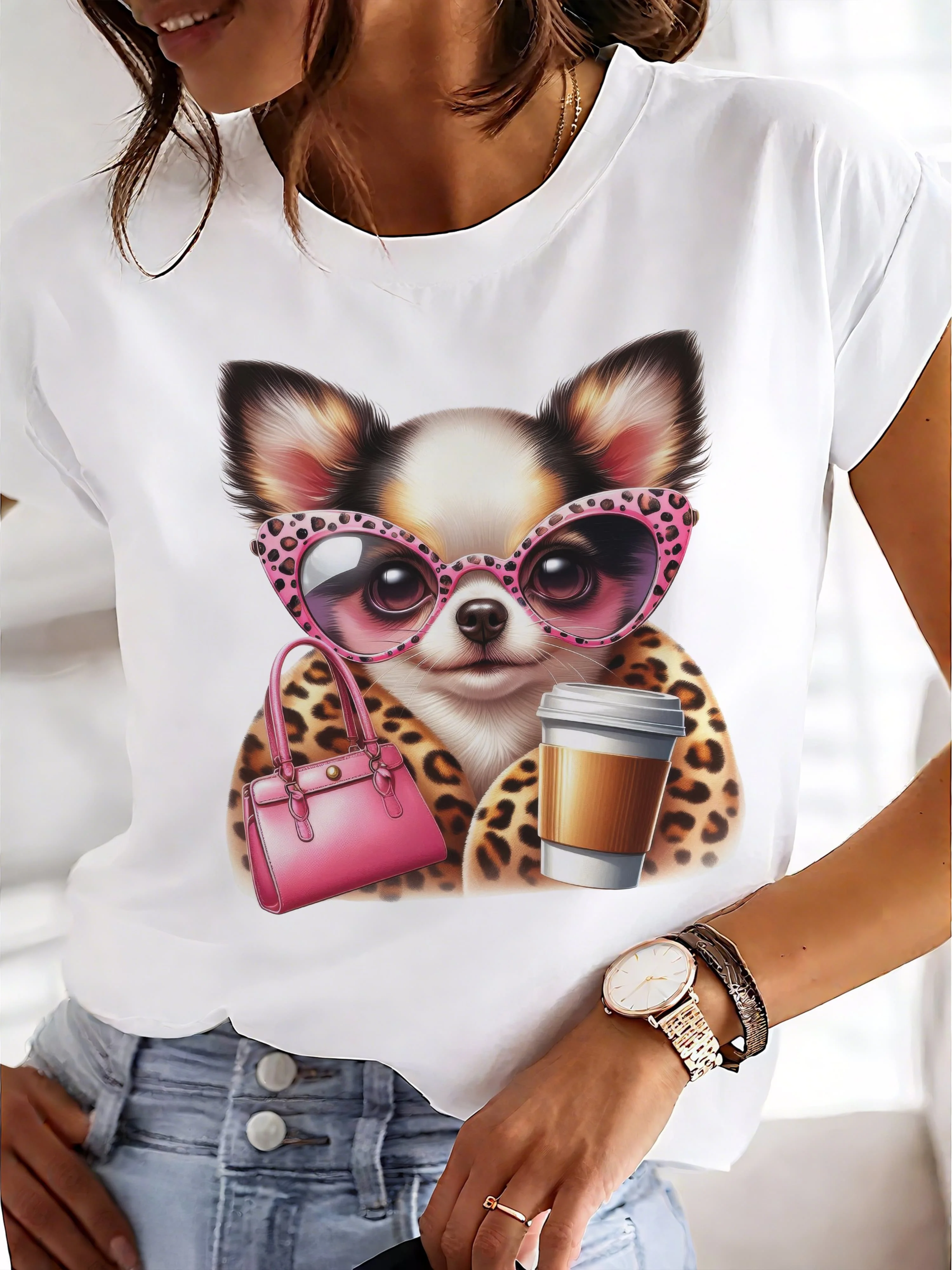 

Loose Crew Neck White Women's T - shirt, Cartoon Print Design of a Puppy with Glasses a Must have for Besties' Shopping Outings