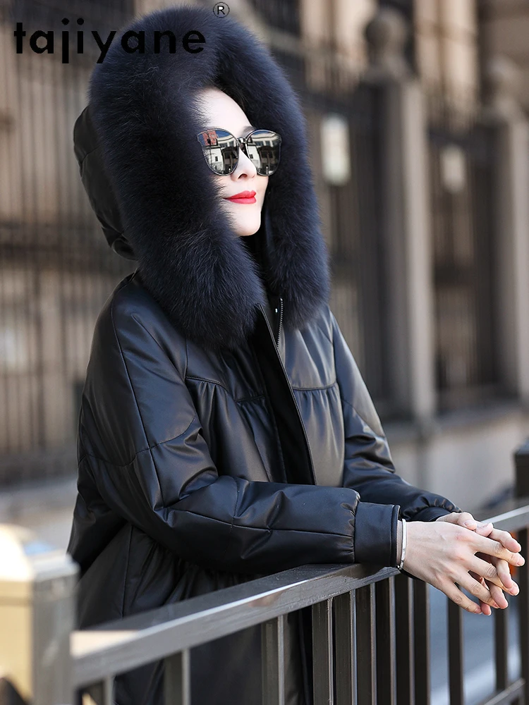 TAJIYANE Real Sheepskin Puffer Jacket Women Fox Fur Collar Duck Down Coat Genuine Leather Jackets 2025 Winter Clothes Woman 가죽자켓