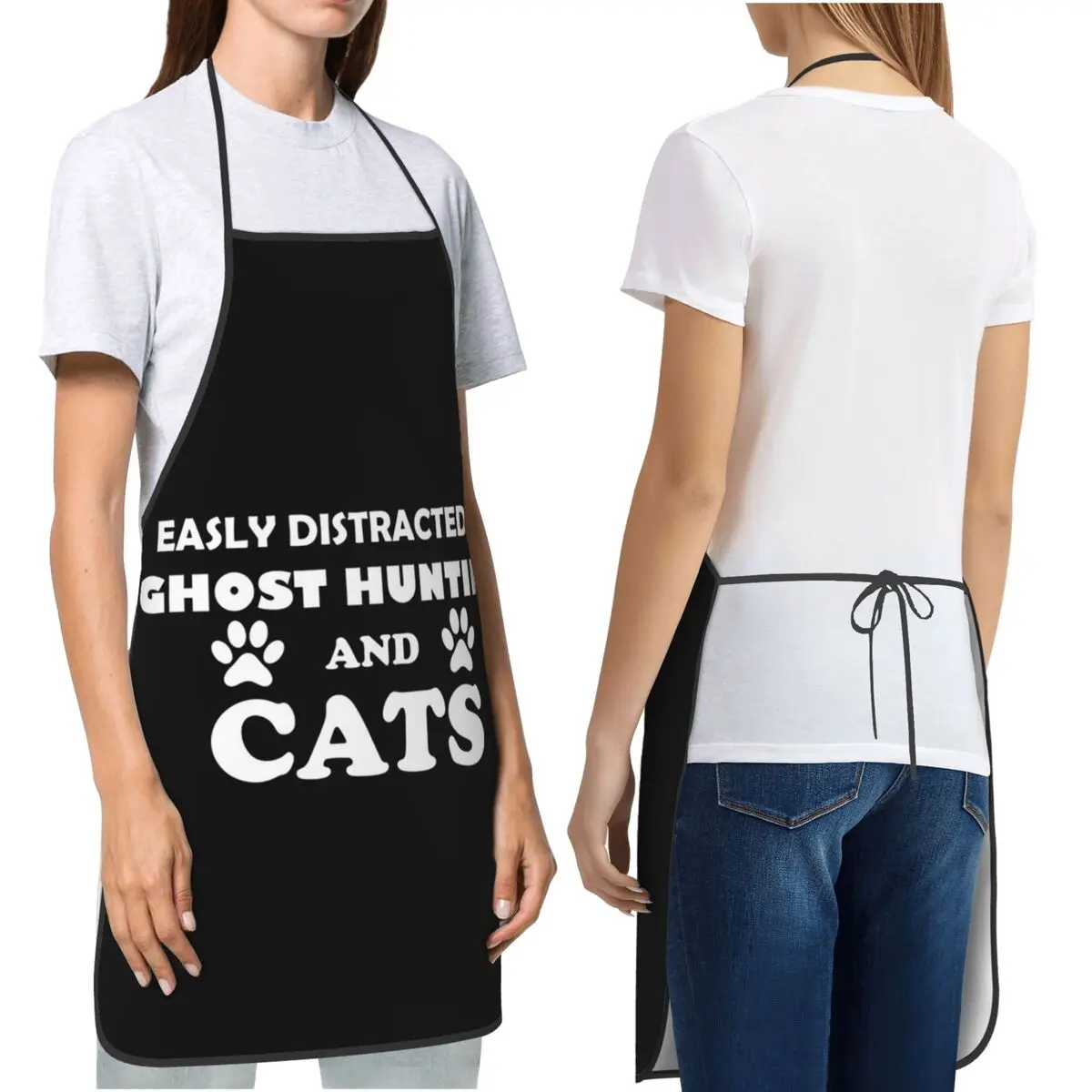 Easily Distracted By Ghost Hunting And Cats Essential T-Shirt Apron Chef Cooking Baking Tablier Bib Kitchen Cleaning Pinafore