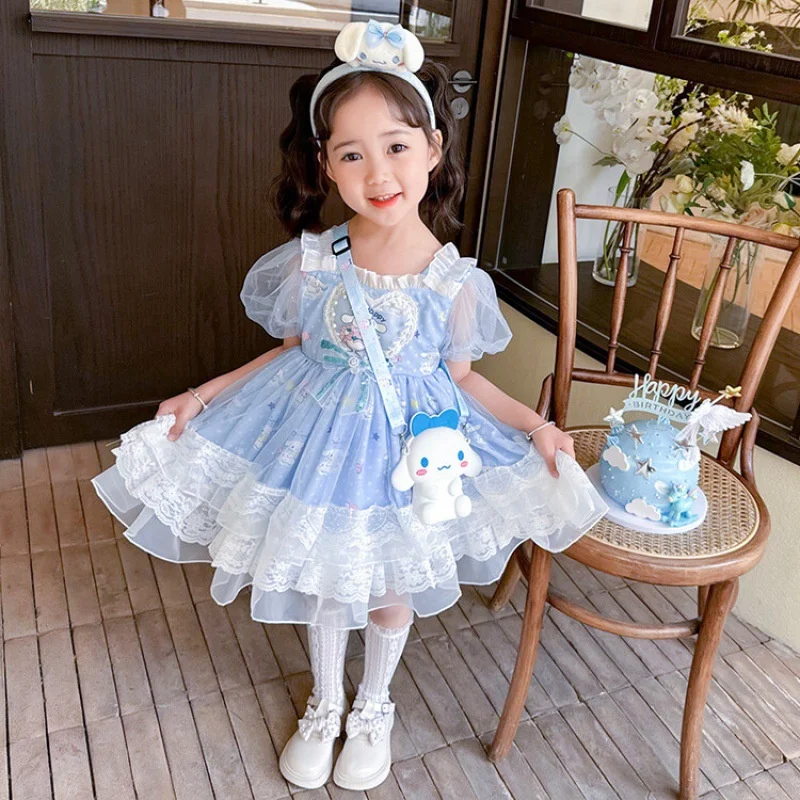 

Kawaii Girls Lolita Dress Sanrios Anime Cinnamoroll Summer Kids Role Playing Princess Tutu Skirts Short Sleeve Party Dress Gift