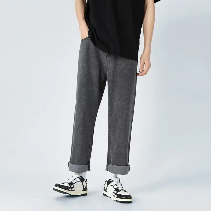 

Легкие потертые джинсы в японском стиле для мужчин, свободные прямые брюки с эластичной резинкой на талии, модные повседневные брюки с широкими штанинами