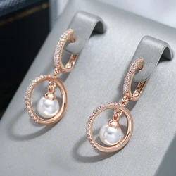 Wbmqda Luxury Pearl Drop Earrings For Women 585 Rose Gold Color With White Natural Zircon Elegant Unique French Jewelry Gifts