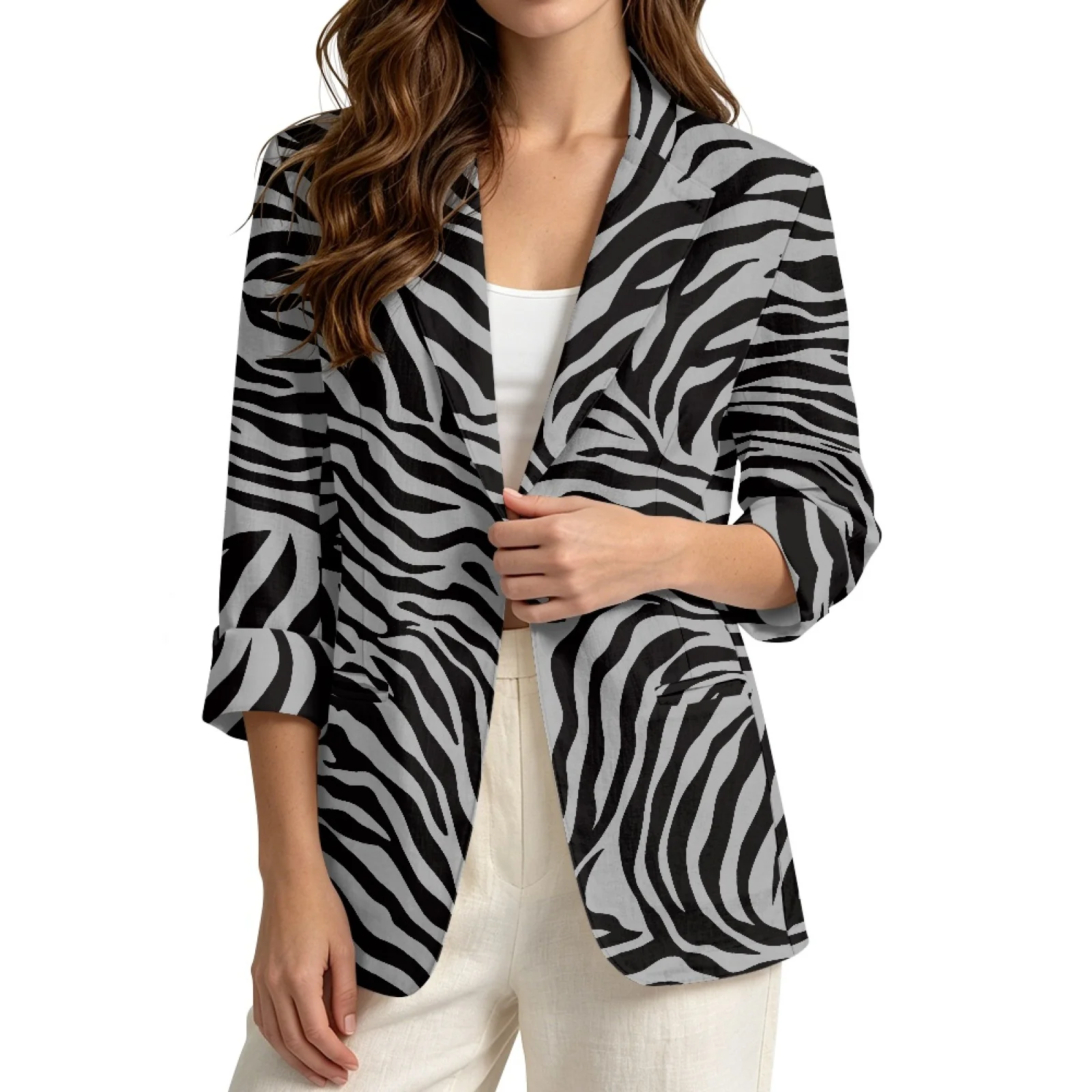PENSTROLL Zebra Linen Style Beach Cardigan Casual Fall Jackets for Womens S-3XL