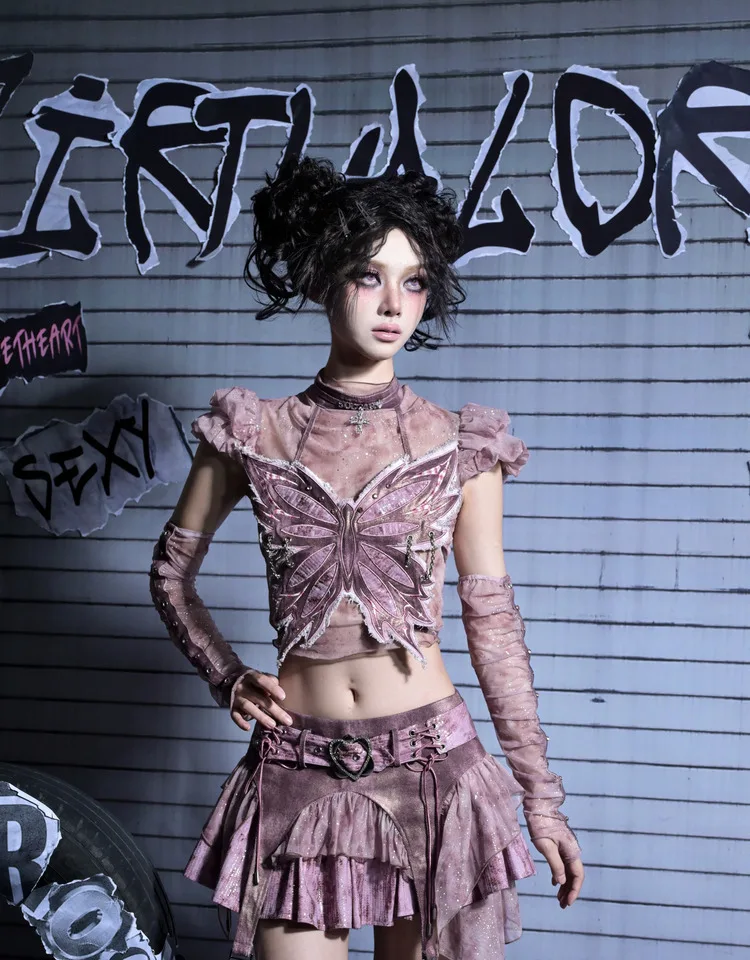 Zestawy spódnic dla kobiet w stylu subkultury, punkowym, słodkim i coolnym, top biustonosz z motylem + spódnica z niskim stanem z siateczkowymi wstawkami, elegancki styl Y2K