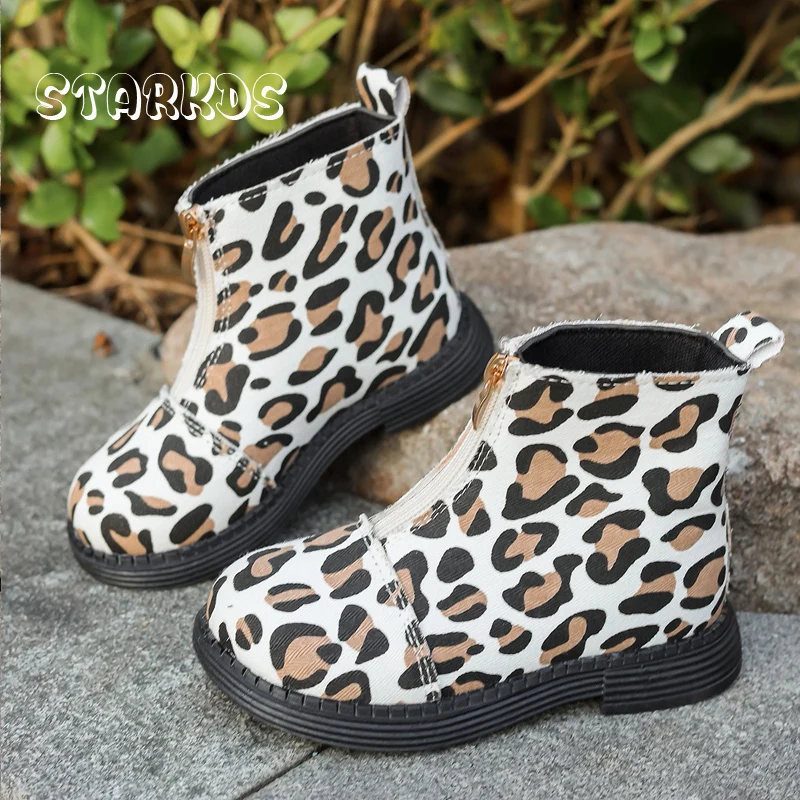 Diamond Checker Print Ankle Boots For Kids Girls 2024 Autumn New Front Zipper Short Booties Children Flat Leopard Denim Botas