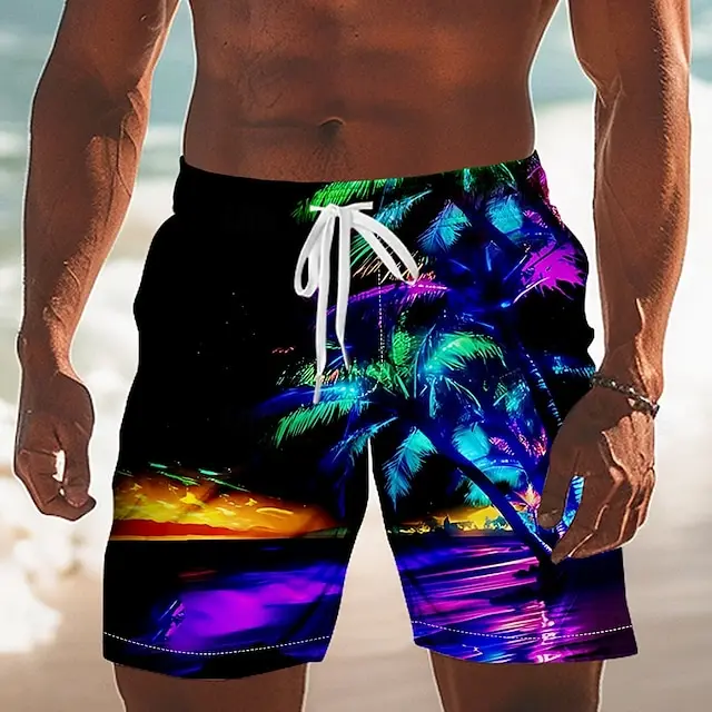 Tropical Sunset Beach Shorts Men's Palm Tree Print Quick Dry Swim Trunks For Beach Wear Oversized Men's Surf Shorts