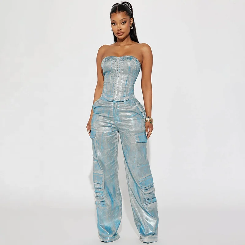 New Chic Bright Sequin Tube Top Matching Wide Leg Pants Fashion Two Piece Straight Pant Set