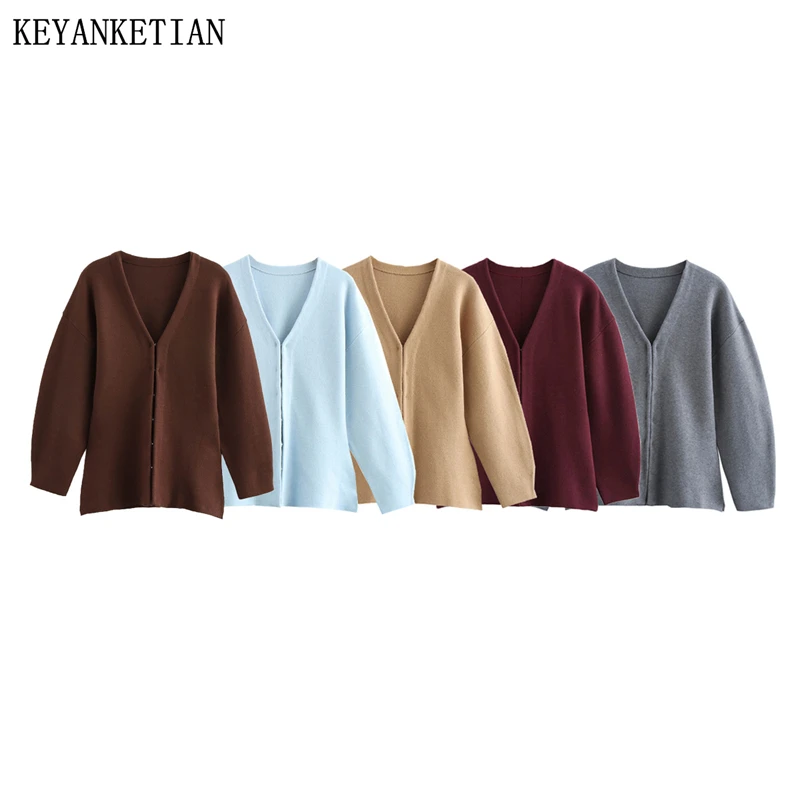 KEYANKETIAN Winter New Women's Covered Button Knit Cardigans Simple style V-Neck Long Sleeve Side Split Solid color Sweater Top