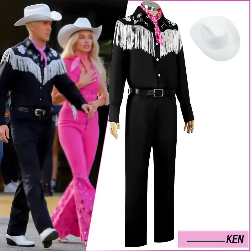 NEW Movie Margot Robbie Barbi Cosplay Ken Ryan Cosplay For Man Adults Black Cow Boy Halloween Costumes Pink Jumpsuit Role Play