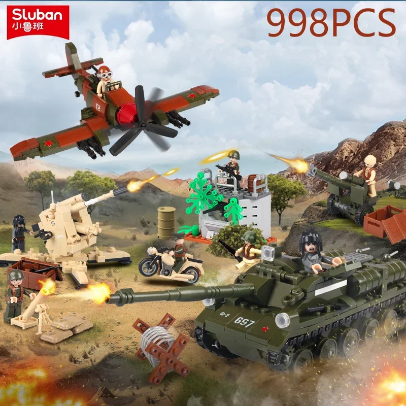 998PCS Kursk Battle Scene Building Blocks WW2 Classic Battle Tank Aircraft Mortar Model Bricks Set Kids DIY Toy Birthday Gifts