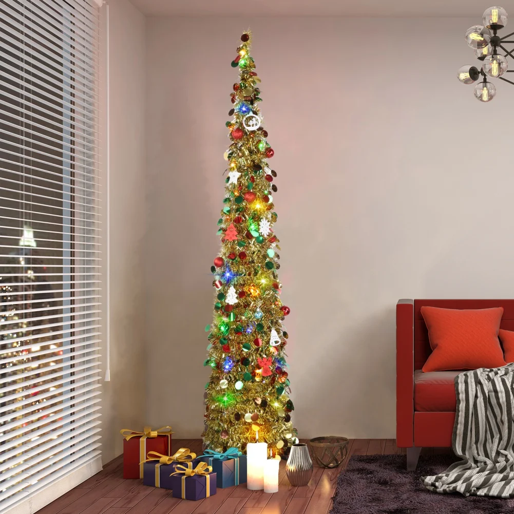 1.5M Pencil Christmas Tree Pop Up Christmas Tree Green Tinsel Tree Artificial Skinny Collapsible Xmas Slim Tree for Holiday Home