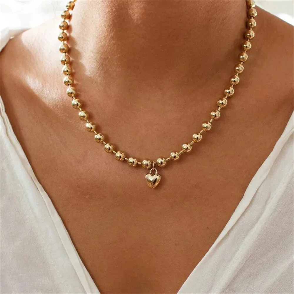 Simple Boho Fashion Metal Bead Chain Heart Shape Pendant Necklace For Women Female Vintage Punk Choker Jewelry Gift New