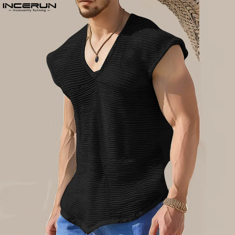 INCERUN Tops 2024 American Style New Mens Simple V-neck Striped Design Vests Casual Streetwear Male Solid Sleeveless Vests S-5XL