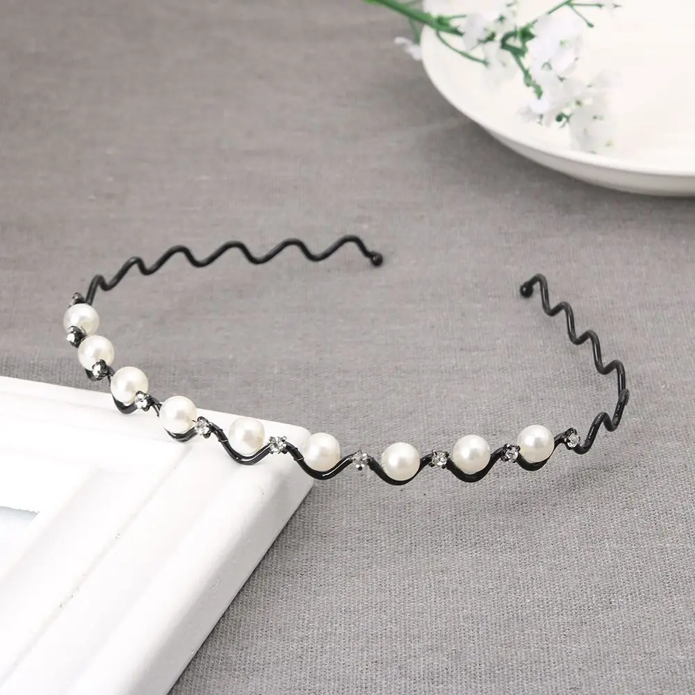 Gift Fashion Hair Band Rhinestone Head Chain Accessories Black Silver Metal for Women Headwear Pearl Crystal Wave Hairband
