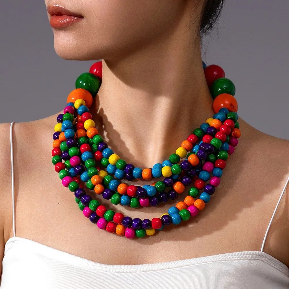African Style Bohemian Multi-layer Wooden Bead Handmade Beaded Bib Necklace For Women Summer Jewelry Accessories Choker Necklace