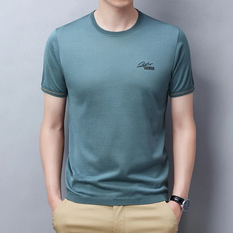 new Summer sweater short sleeve T-shirt men's low collar thin half sleeve trend wool bottoming T-shirt top