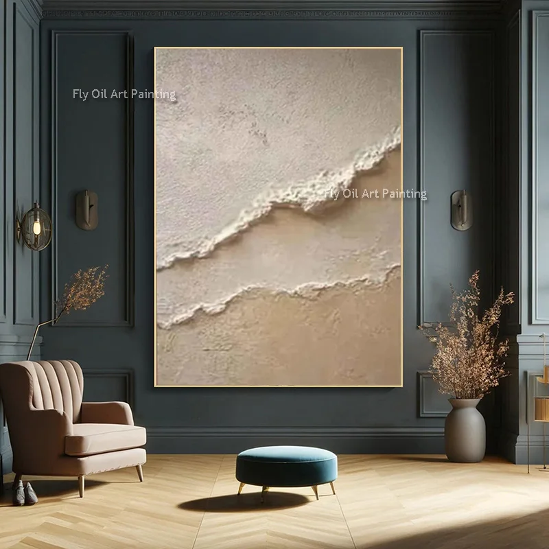 Large Brown Beige Wall Art Canvas Thick Artwork Abstract Set Of Two Knife Thick Seawave Oil Painting For Home Hall Decor