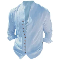 Camisa de Manga Larga para Hombre, Algodón y Lino, Transpirable, Color Sólido, Cuello Henley, Cierre de Botón, Ligera, Informal