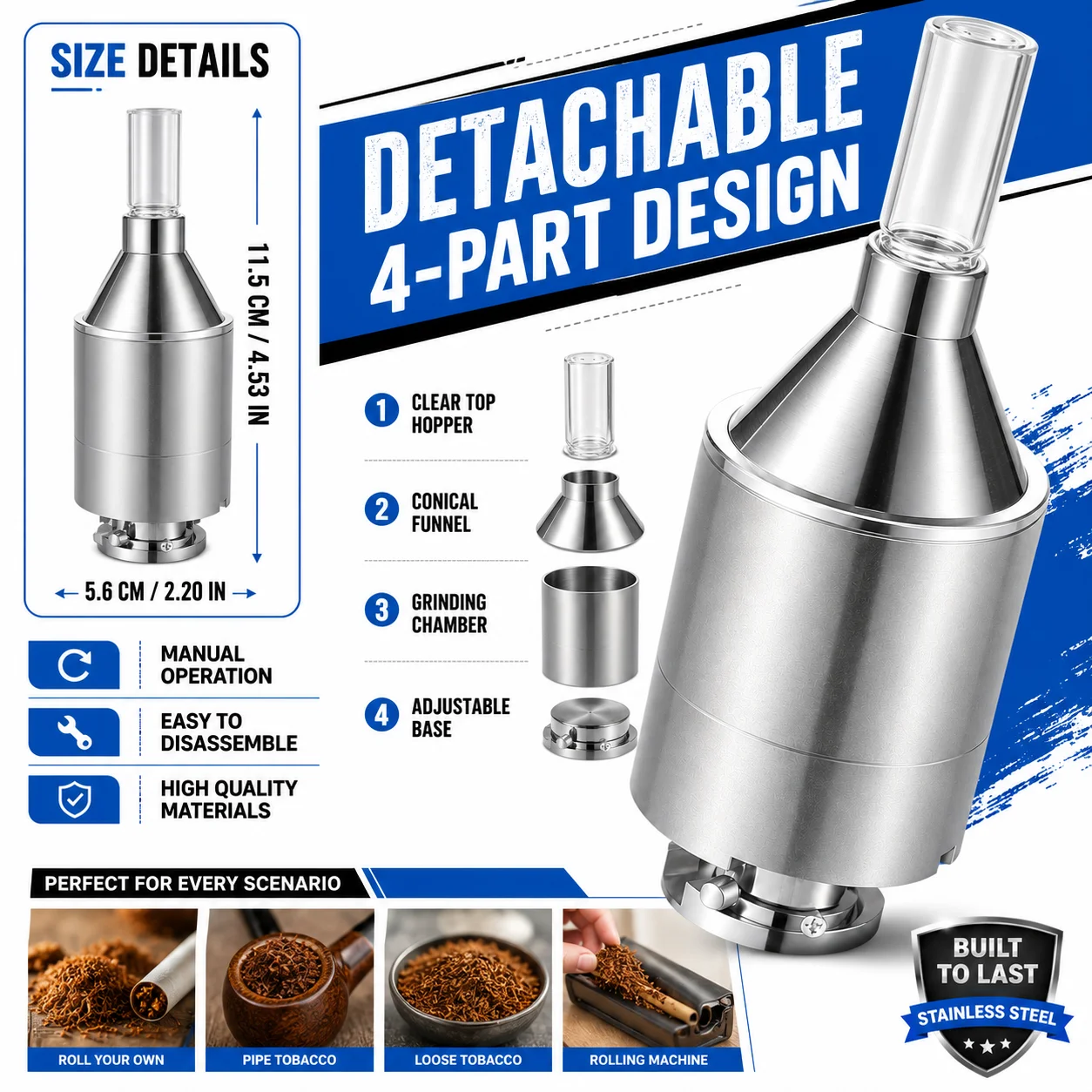 56mm Large Hand Metal Powder Grinder Hand Crank Spice Funnel Food Container Tool Manual Herb Mill with Storage Jar Fine Powder Maker for Kitchen Cooking Baking Seasoning Coffee Tea Nuts Portable Durable Easy Clean Grinder Accessory Set Pack view 2