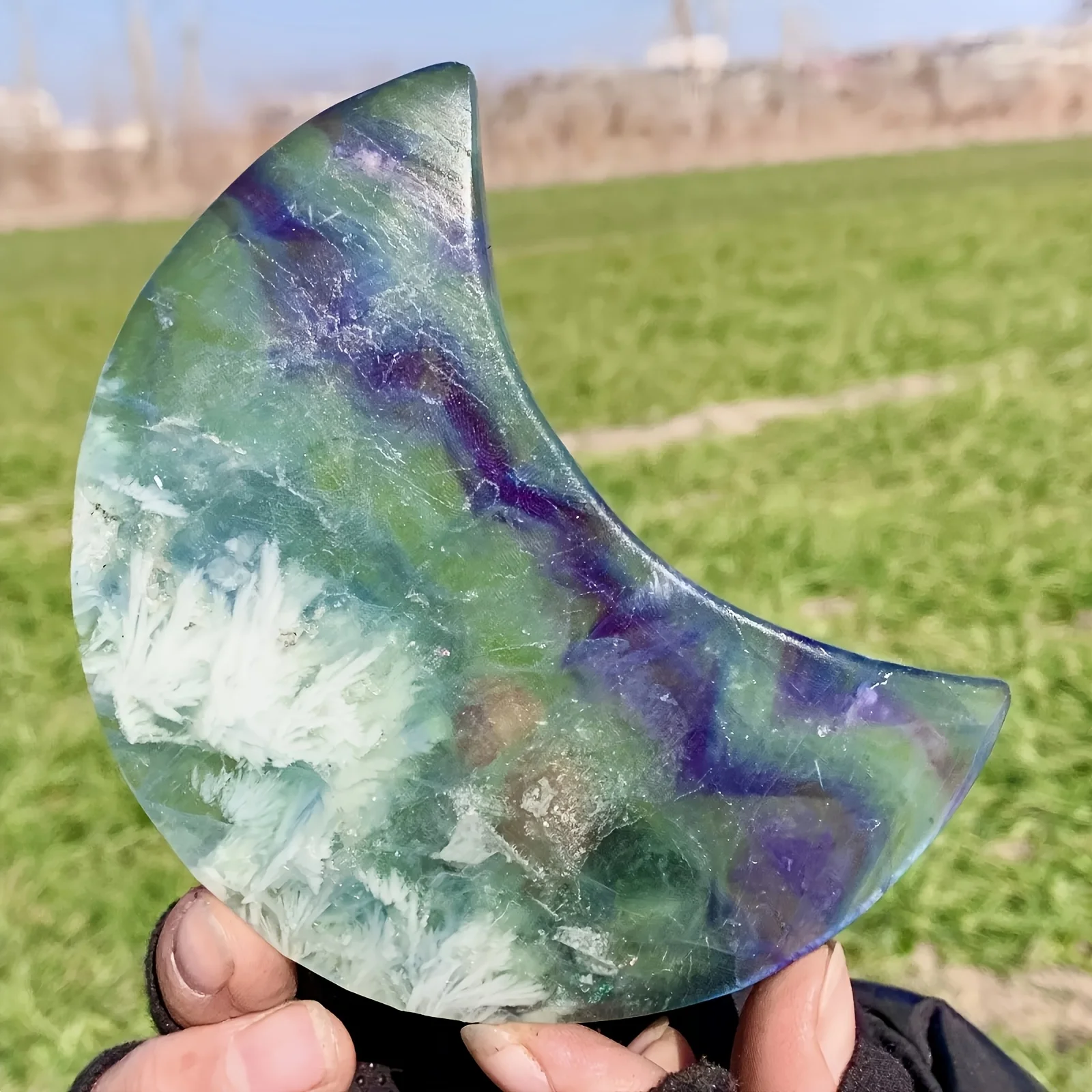 1pc 0.11lb-0.44lb Stone Bohemian Feather Fluorite Moon - Pendant for DIY Jewelry Making, Tabletop Decor, Jewelry Component