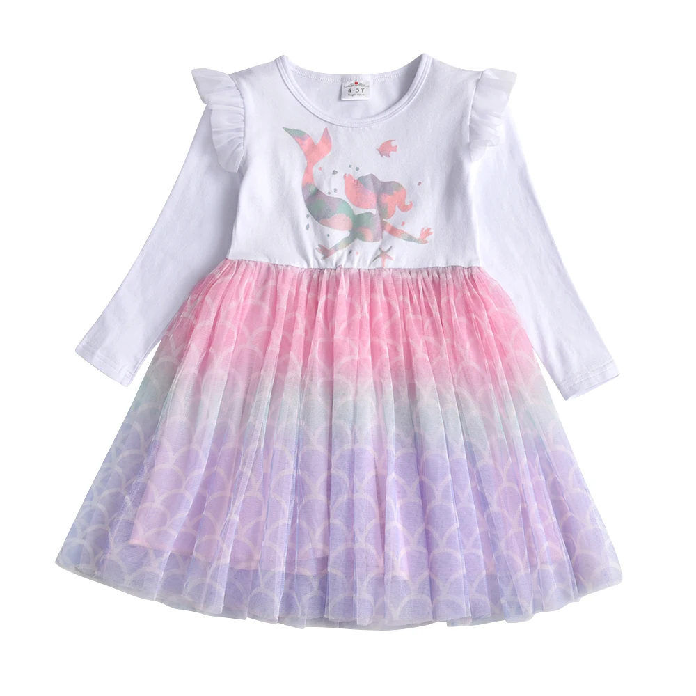 VIKITA Girls Mermaid Cartoon Print Dress Kids Autumn Spring Flare Sleeve Dresses Girls Patchwork Casual Princess Dresses 3-8 Yrs