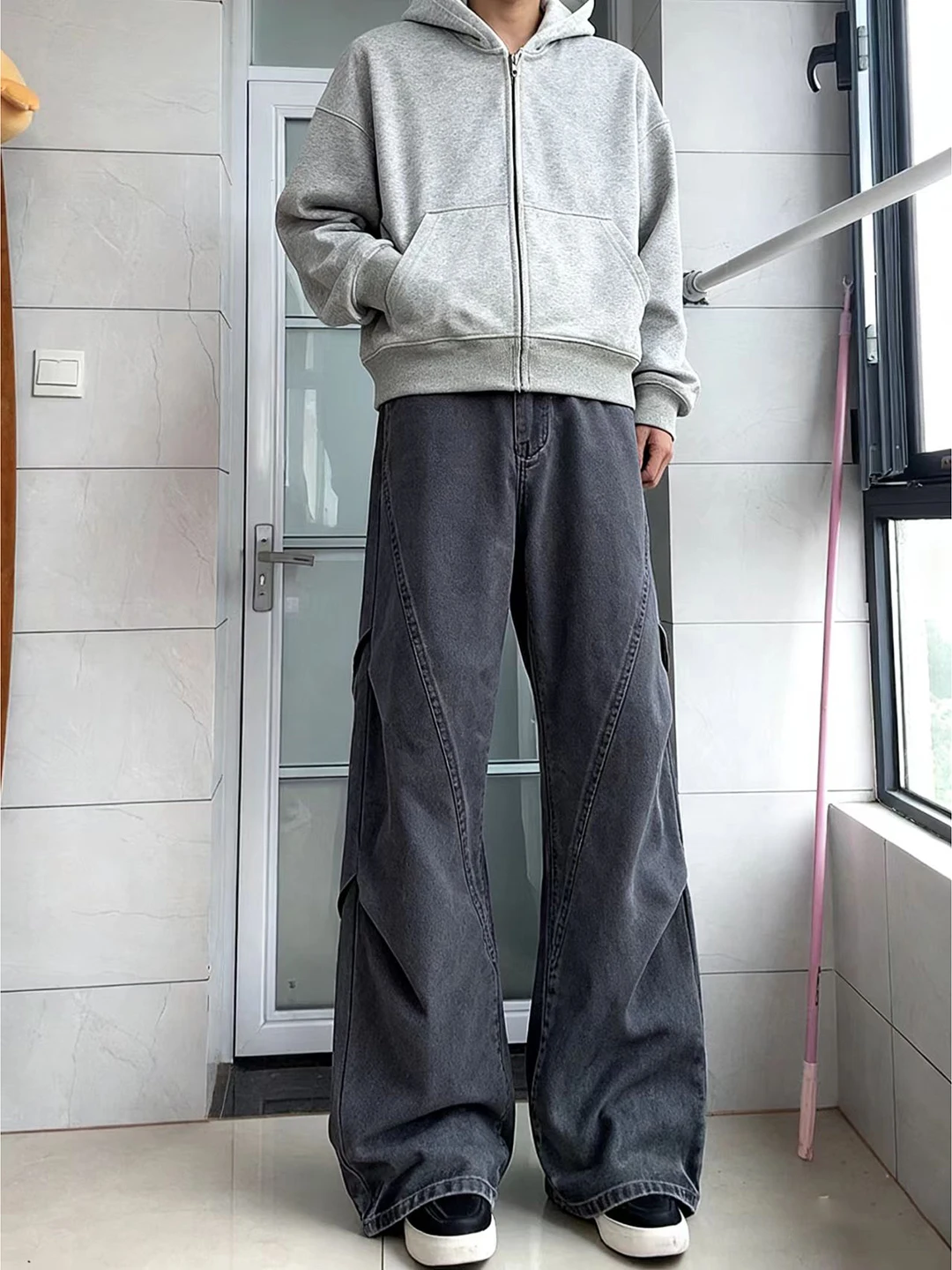 

Cleanfit Men's Fleece Lined Pleated Denim Jeans High Waist American High Street Style Winter Casual Loose Leggings