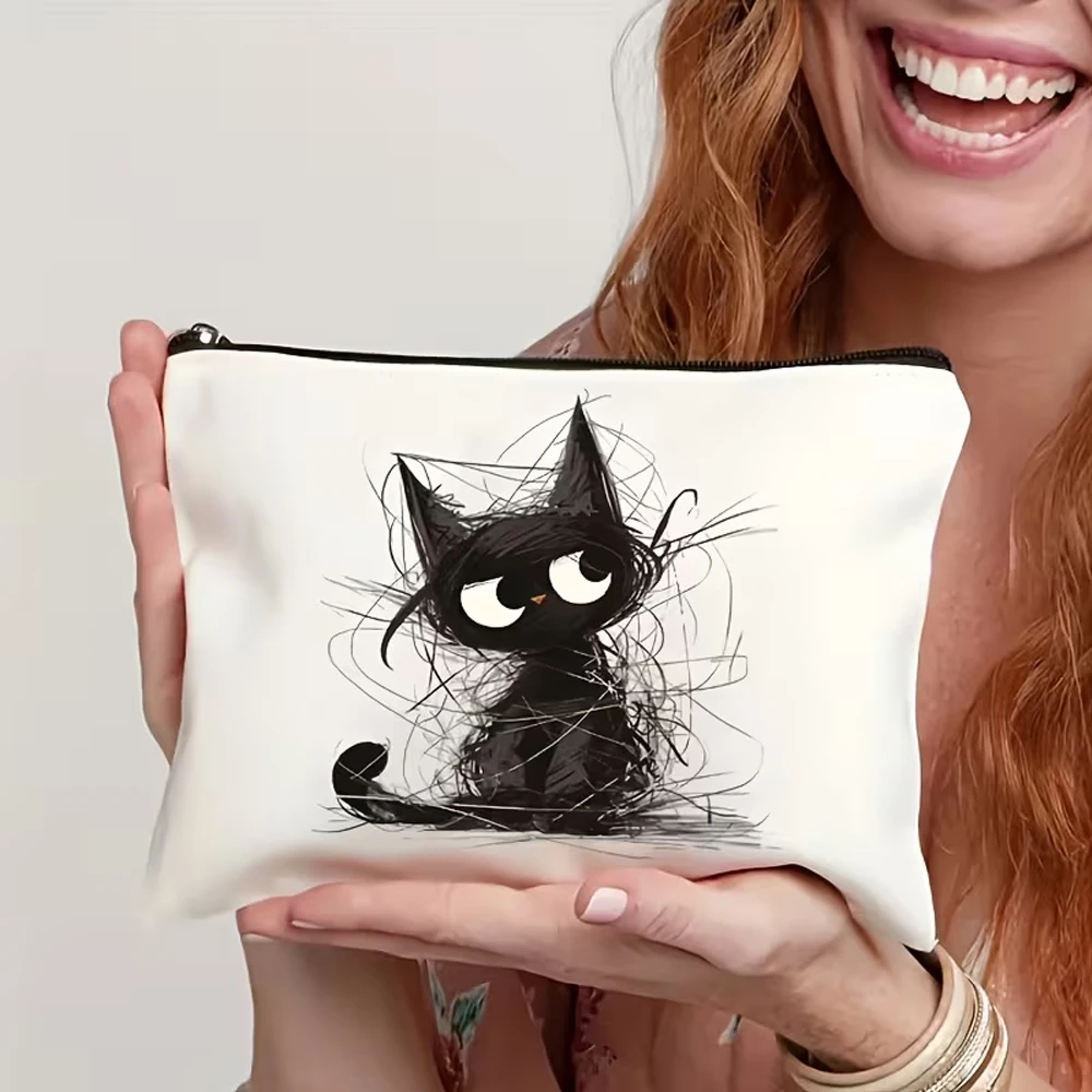Tilted Cat Design - Durable, Stylish Gift, Convenient Zipper Closure, Best Gift for Your Loved Ones, Gift for Sisters, Portable Makeup Bag, Student Pencil Case, Gift Bag, Zipper Bag, Travel Bag, Snack Bag, Toiletry Organizer Bag, Storage Ladies' Clutch Bag - Multifunctional Bag - Ideal Gift for Women - Best Gift for Your Best Friend