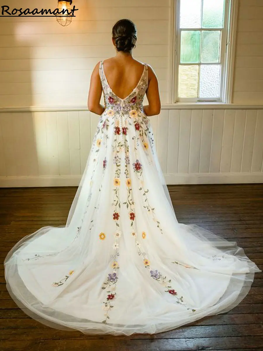 Colorful V-Neck Floral Lace A-Line Wedding Dress Sleeveless Open Back Country Boho Bridal Gowns