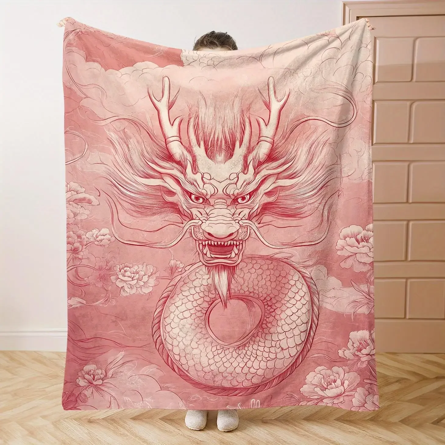 

Chinese New Year Dragon Clouds Flannel Throw Soft Lightweight Blanket Pink Golden gsm Cozy Warmth for All Seasons