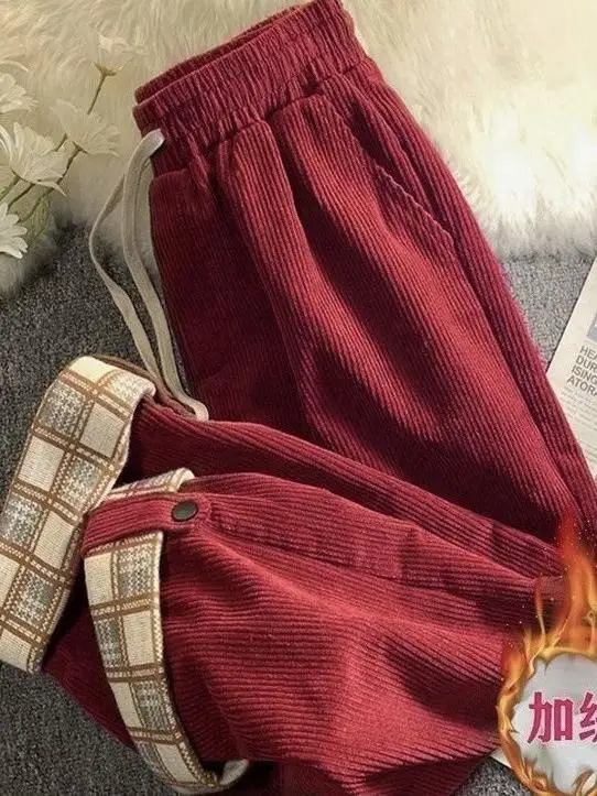 Pantalones de pierna ancha de pana con forro Fce para mujer de talla grande, pantalones de corte recto de cintura alta, pantalones coreanos para ir al trabajo