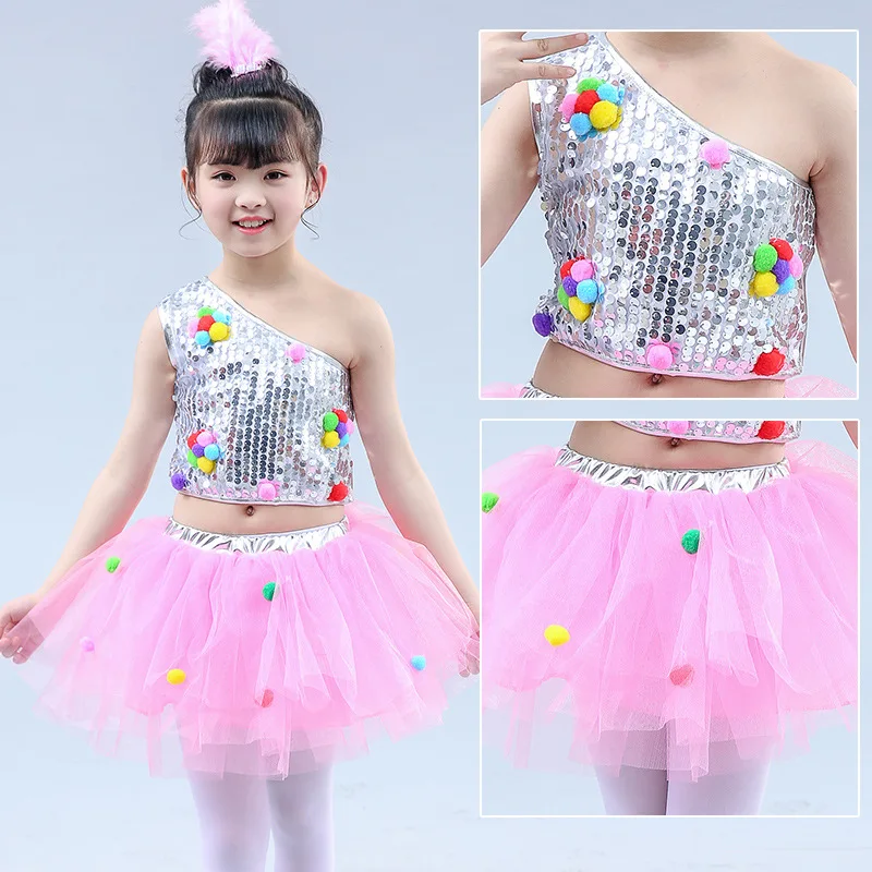 Kids Girls Sequins Halter Ballet Dance Tutu Dress Shiny Gymnastics Leotard Glitter Modern Latin Jazz Dancing Costume Dancewear