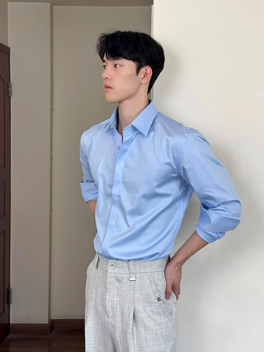 

Blue Long Sleeve Shirt Men's Style Autumn High End Feeling Maturity Wind Shirt Mature Stable Suit Inner Wear Simple Flip Collar