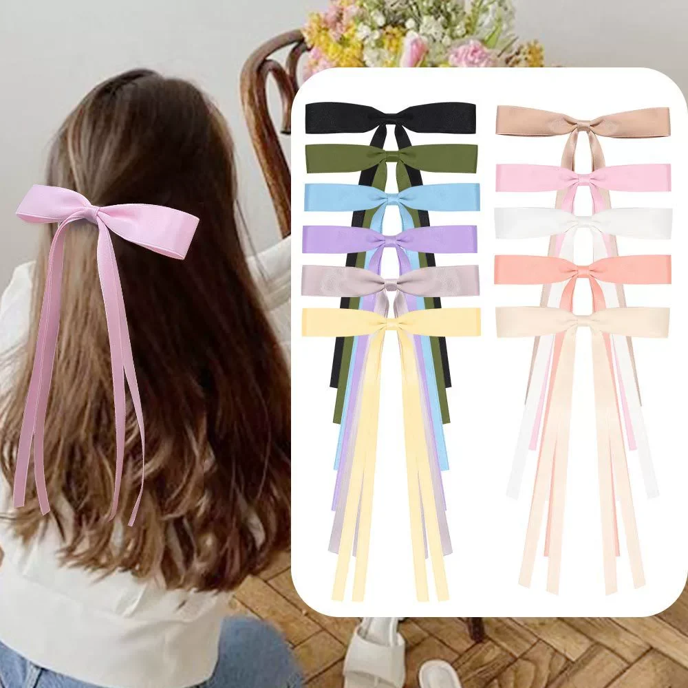 

40pc/lot 5.5" Long Tassel Ribbon Bow Hair Clips for Women Long Bow Hairpins Korean Girls Bangs Side Hairgrips Famale Headwear
