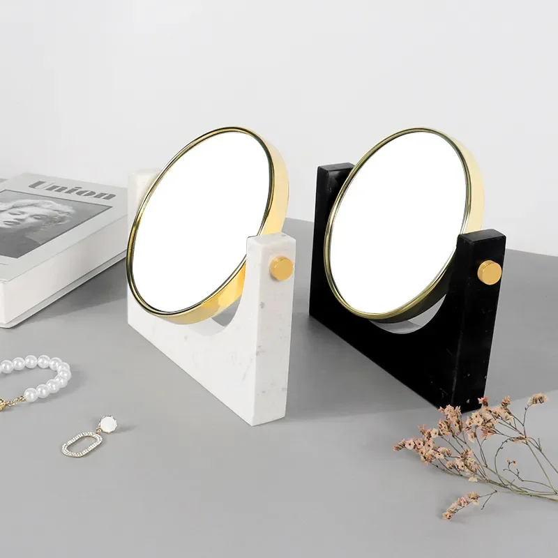 Round Double Sided Rotating Makeup Mirror Natural Marble Desktop Vanity Mirror for Bedroom Dressing Table Home Decor Gift