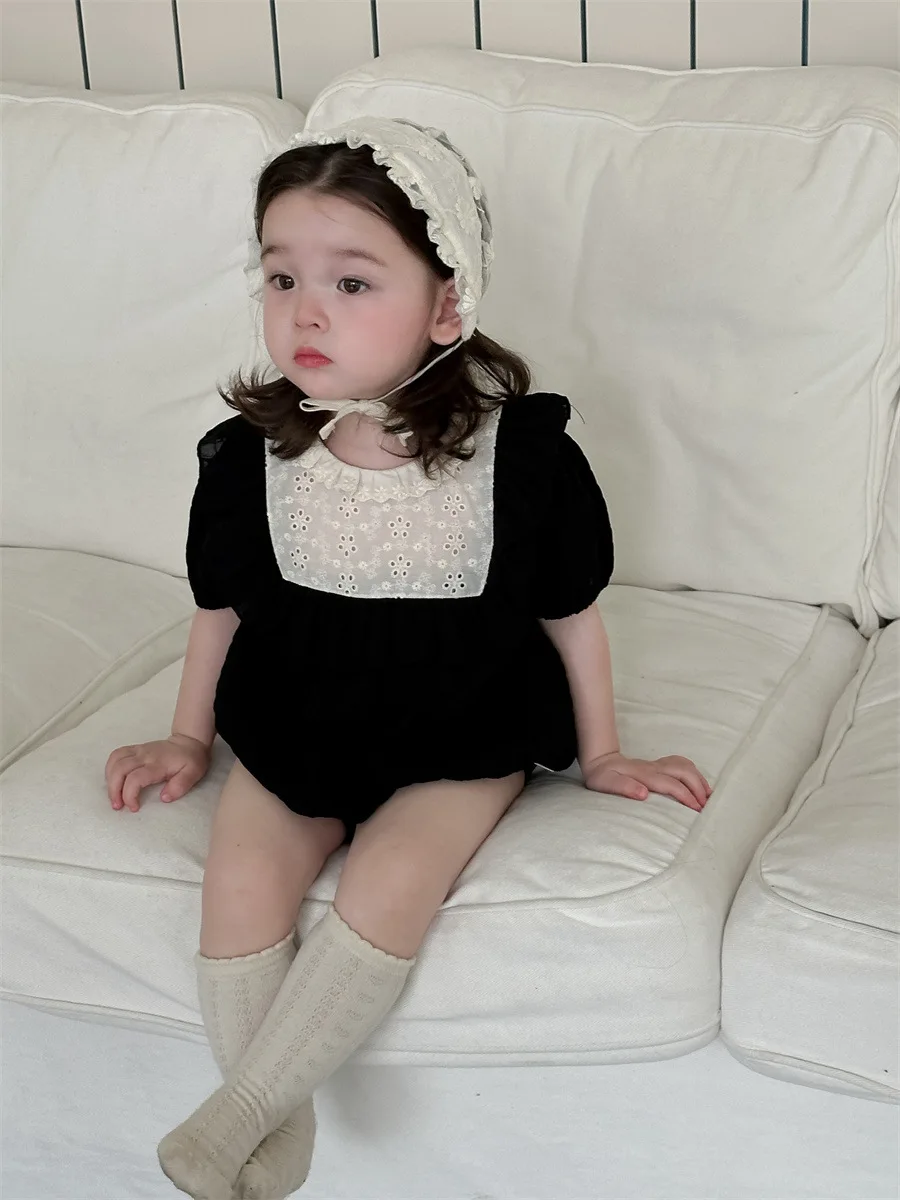 2024 Summer New Baby Short Sleeve Bodysuit Thin Solid Infant Girl Cute Lace Collar Sweet Princess Jumpsuit Newborn Clothes 0-24M