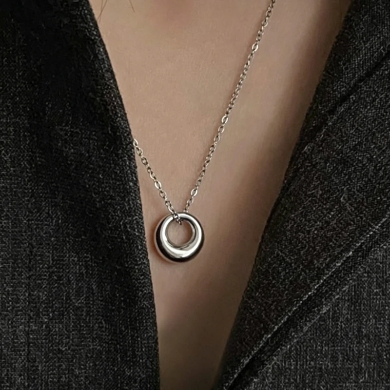 Retro Minimalist Circle Pendant Necklace for Men Women 18K Gold Plated Stainless Steel Smooth Hollow Ring Tarnish Resistant Dail