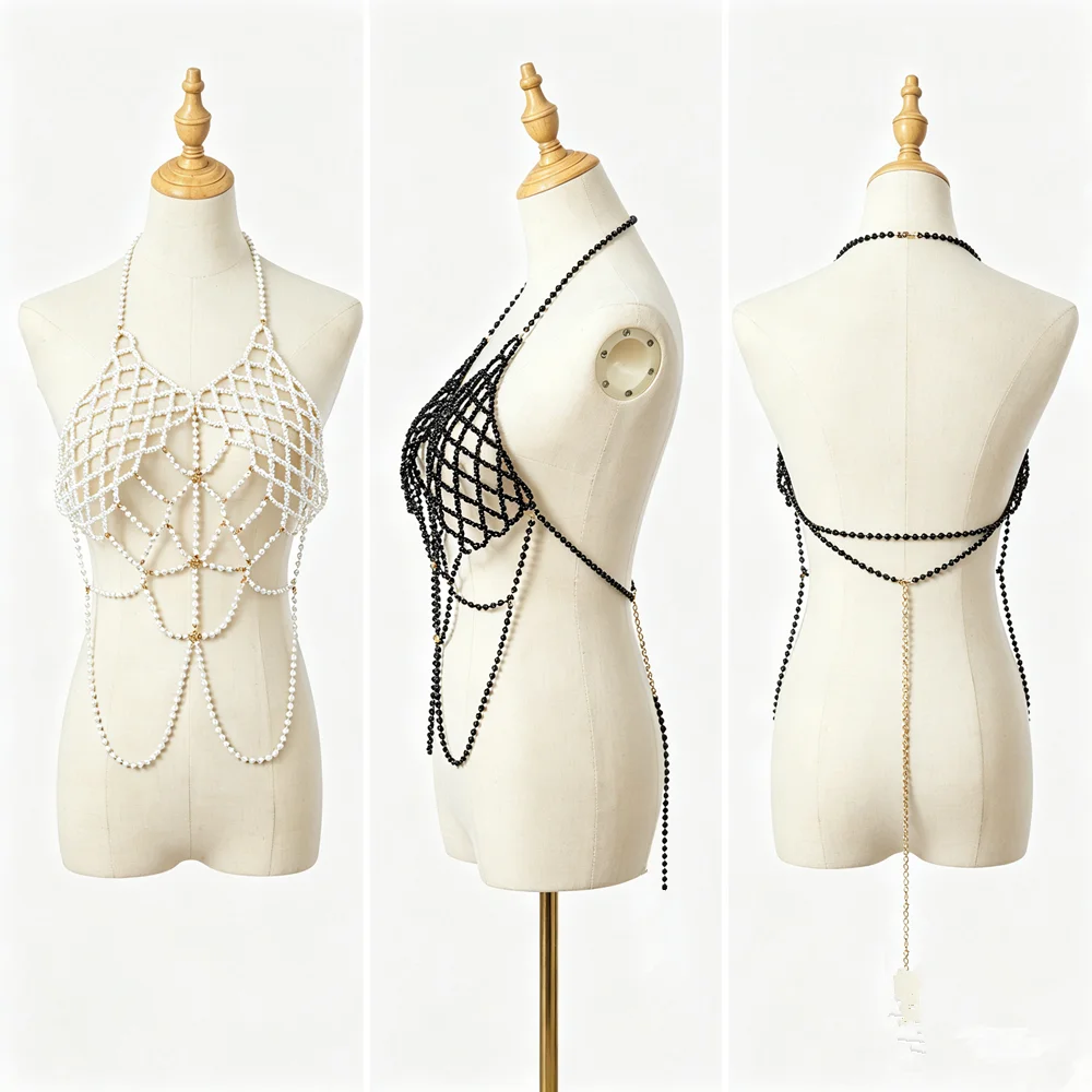 Black Beaded Body Chain Top Halter Harness Bra Chain Tassel Layered Bikini Body Jewelry for Women Party Beach Clubwear