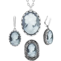 Lady Queen Cameo Jewelry Sets Vintage Necklace Earrings Ring For Women Flower Pendant Fashion Party Fashion Jewelry