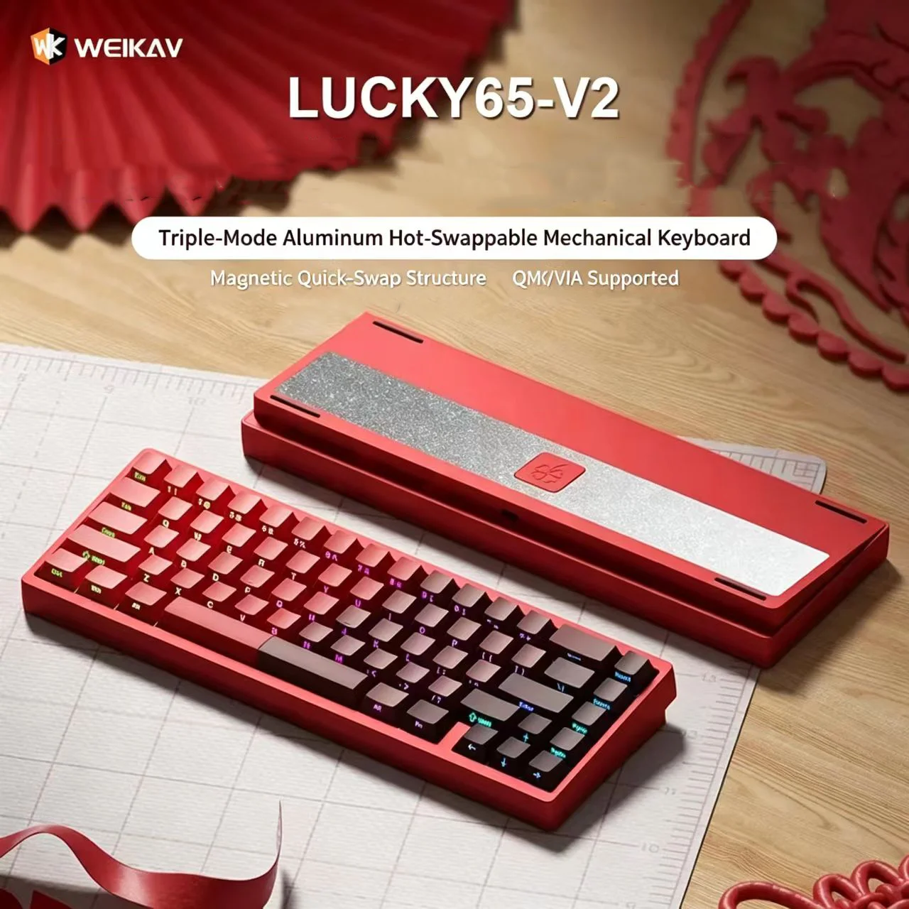 WEIKAV Lucky65 V2 Tri-Mode Full Aluminum Mechanical Keyboard Ball-Catch Quick-Release Asket Mount 3750mAh For Custom Keyboard