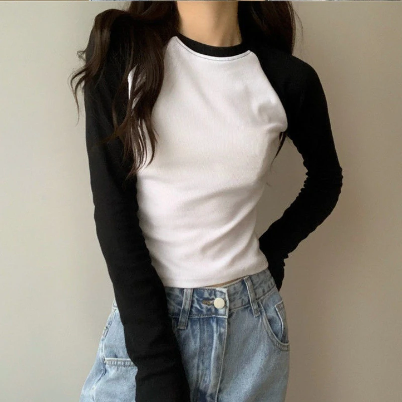 Long Sleeve T-shirts Women Patchwork Slim Fit Causal Elegant College Harajuku Basic Autumn All-match Tops Ropa Mujer Clothing